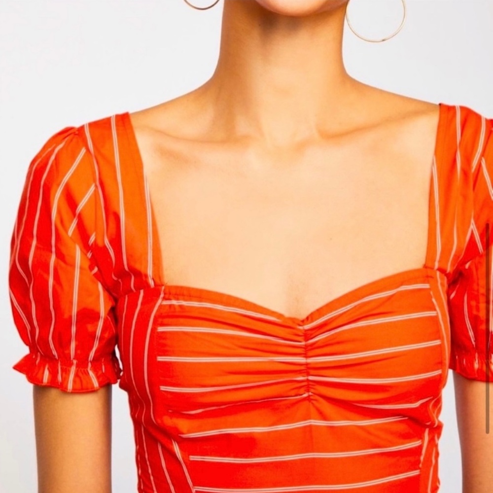 Free People Women's Orange Striped Puff Sleeve Crop Top Blouse Size XS